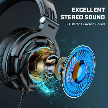 OneOdio Wired Headset With Detachable Boom Mic For Calls showing 3D 50mm driver exploded view and stereo sound
