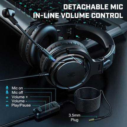OneOdio Wired Headset With Detachable Boom Mic For Calls shown with detachable mic, inline volume controls and 3.5mm plug