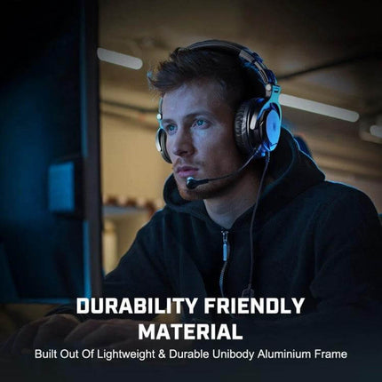 Alt Tag: OneOdio Wired Headset With Detachable Boom Mic For Calls worn by gamer using detachable boom mic and inline controls
