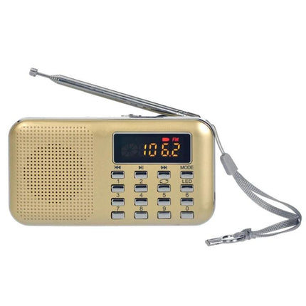 Compact Portable MP3 Radio Player with Built-in Flashlight - gold handheld FM radio with numeric keypad, TF/U disk slot and wrist strap