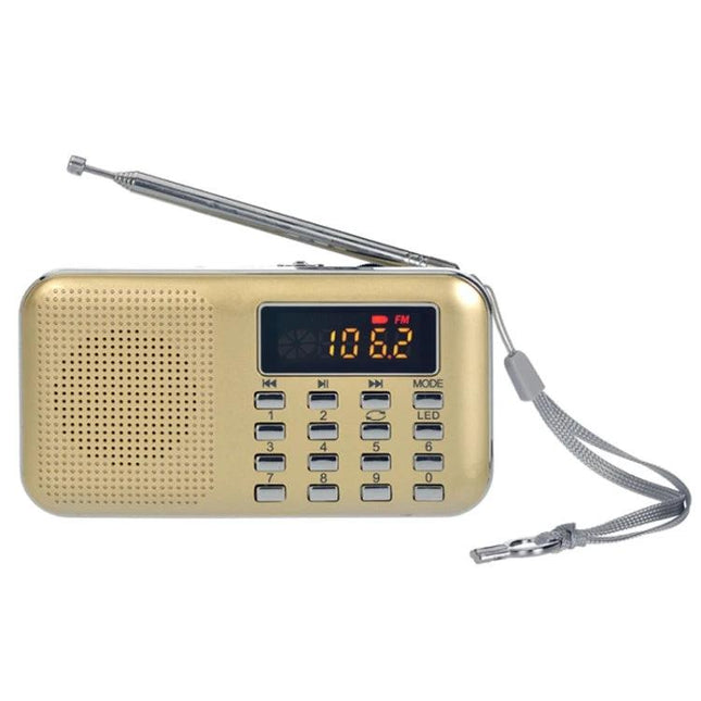 Compact Portable MP3 Radio Player with Built-in Flashlight - gold handheld FM radio with numeric keypad, TF/U disk slot and wrist strap