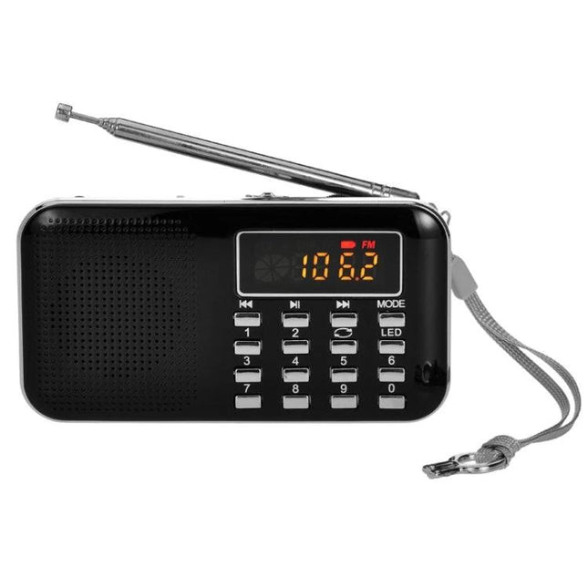 Compact Portable MP3 Radio Player with Built-in Flashlight black FM digital display and telescopic antenna