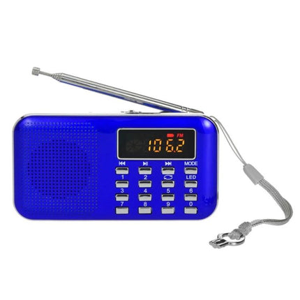 Compact Portable MP3 Radio Player with Built-in Flashlight in blue with numeric keypad, FM display and telescopic antenna
