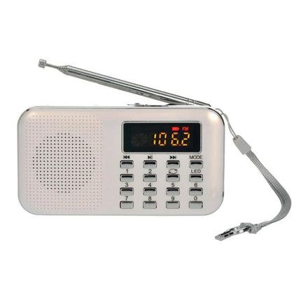 Compact Portable MP3 Radio Player with Built-in Flashlight white portable MP3 radio with keypad, display showing 106.2 FM and telescoping antenna