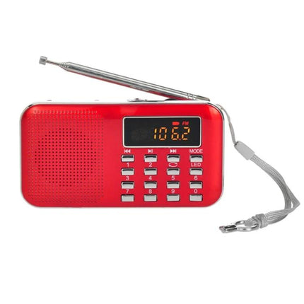 Compact Portable MP3 Radio Player with Built-in Flashlight small red travel radio with keypad, FM display, telescopic antenna and wrist strap