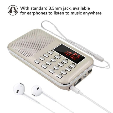 Compact Portable MP3 Radio Player with Built-in Flashlight showing keypad, LED display, TF/USB ports and earphones