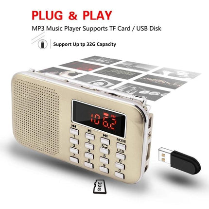Compact Portable MP3 Radio Player with Built-in Flashlight shown with TF card and USB playback, FM display and flashlight feature