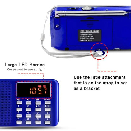Compact Portable MP3 Radio Player with Built-in Flashlight small blue device showing LED screen, numeric keypad, strap and flashlight feature