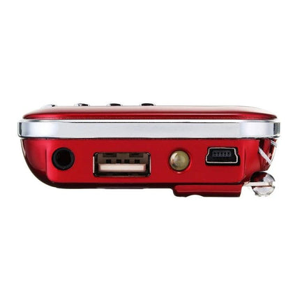 Compact Portable MP3 Radio Player with Built-in Flashlight showing USB, headphone jack, mini-USB and flashlight port on red side