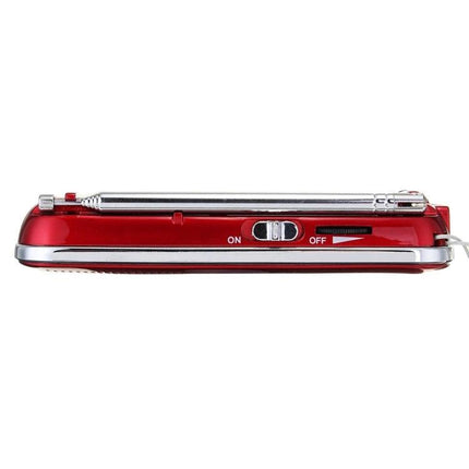 Compact Portable MP3 Radio Player with Built-in Flashlight slim red side view showing antenna and on/off switch