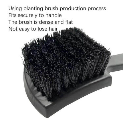 Effective Carpet and Upholstery Cleaning Brush with Curved Design shown close-up of dense black PP bristles on curved handle for carpets, upholstery and car interiors