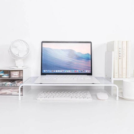 Ergonomic Monitor Stand with Adjustable Layers for Desk Organization elevating laptop to eye level with storage compartments on a tidy white desk