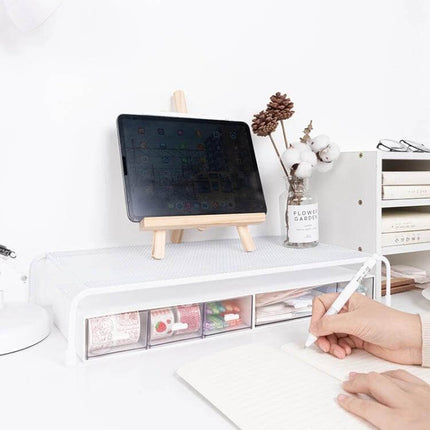 Ergonomic Monitor Stand with Adjustable Layers for Desk Organization holding a tablet and small drawers for desk storage