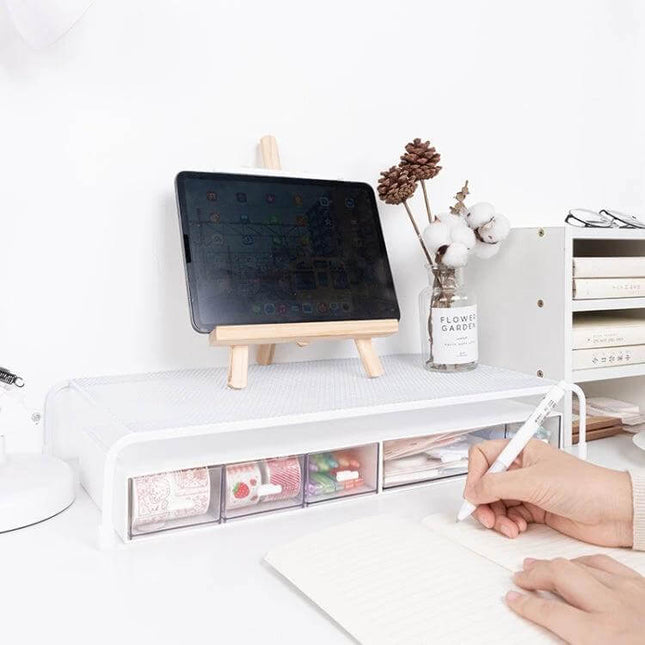 Ergonomic Monitor Stand with Adjustable Layers for Desk Organization holding a tablet and small drawers for desk storage