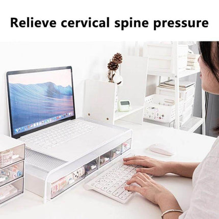 Ergonomic Monitor Stand with Adjustable Layers for Desk Organization elevating laptop to eye level with storage drawers and tidy workspace