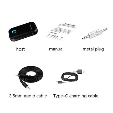 Car Bluetooth Audio Receiver With 3.5mm Jack For Cars showing receiver, 3.5mm cable, metal plug, Type-C charging cable and user manual