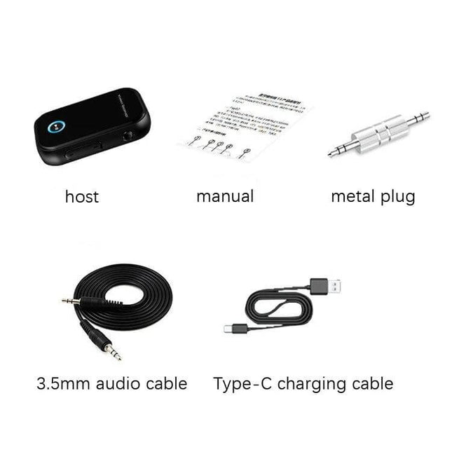 Car Bluetooth Audio Receiver With 3.5mm Jack For Cars showing receiver, 3.5mm cable, metal plug, Type-C charging cable and user manual