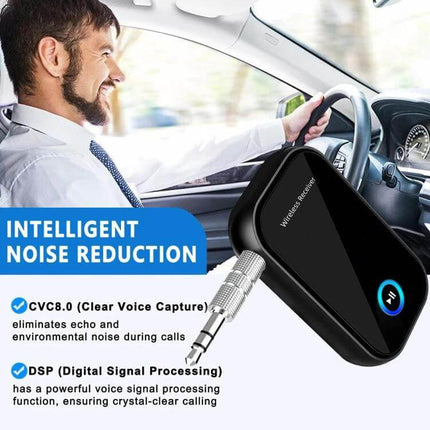 Car Bluetooth Audio Receiver With 3.5mm Jack For Cars black Bluetooth 5.0 receiver showing 3.5mm plug and noise reduction features in car