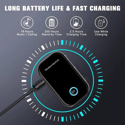Car Bluetooth Audio Receiver With 3.5mm Jack For Cars compact wireless receiver showing 10hr music, 200hr standby and fast charging