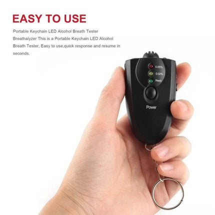Portable Mini LED Air Blow Alcohol Tester for Safe Driving - hand holding keychain LED breathalyzer with power button and indicator lights