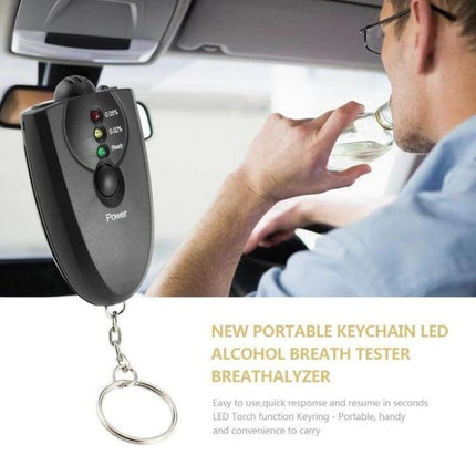 Portable Mini LED Air Blow Alcohol Tester for Safe Driving - driver using portable LED breathalyzer keychain in car