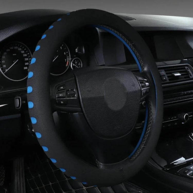EVA Car Steering Wheel Cover 38cm For Comfortable Grip in black with blue accents, soft breathable EVA for secure, wear-resistant handling during driving