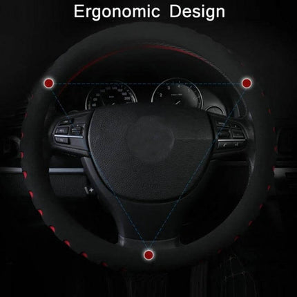EVA Car Steering Wheel Cover 38cm For Comfortable Grip showing ergonomic black breathable EVA cover on steering wheel with red stitch accents