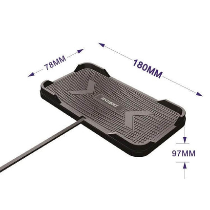 POLMXS Car Anti Slip Wireless Charger For Qi Phones shown flat with anti-slip bumps, cable attached and dimensions 180mm x 78mm x 97mm
