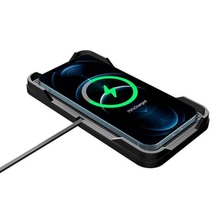 POLMXS Car Anti Slip Wireless Charger For Qi Phones showing phone charging on anti-slip pad with cable attached
