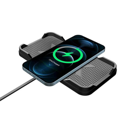 POLMXS Car Anti Slip Wireless Charger For Qi Phones showing phone charging on anti-slip pad in car and on desk