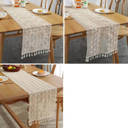 Widened And Stitched Rustic Knitted Hollow Table Runner 30x180cm on wooden dining table, cotton crochet textured runner with tassel edges