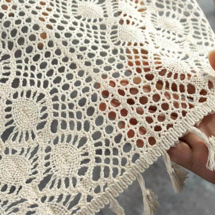 Widened And Stitched Rustic Knitted Hollow Table Runner 30x180cm - cotton crochet textured runner with tassel edge