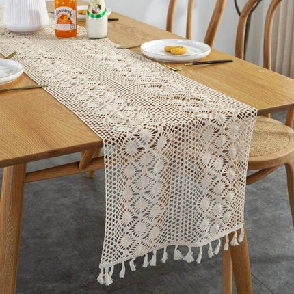 Widened And Stitched Rustic Knitted Hollow Table Runner 30x180cm on wooden dining table, cotton crochet textured runner with tassel ends