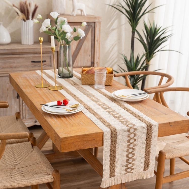 Vibrant Striped Cotton and Jute Table Runner with Charming Tassels 2 Hemp + Diamond Lattice 30x120cm