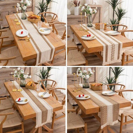 Cotton And Linen Woven Colorblock Table Runner Tassel Striped Rhombus on wooden dining table with neutral stripes, rhombus pattern and tassels for warm, natural decor