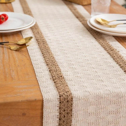 Cotton And Linen Woven Colorblock Table Runner Tassel Striped Rhombus - neutral cotton and jute striped rhombus table runner with tassels on wooden dining table