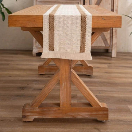 Cotton And Linen Woven Colorblock Table Runner Tassel Striped Rhombus on wooden dining table, natural cotton-jute texture and tassels