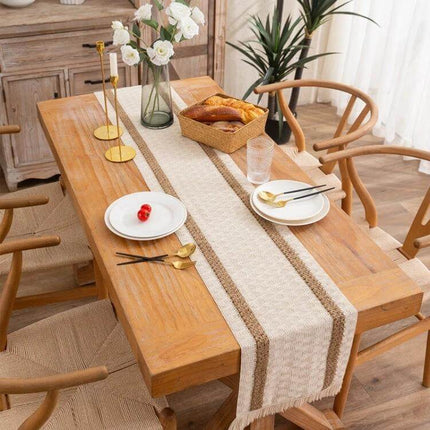 Cotton and Linen Woven Colorblock Tassel Rhombus Table Runner 30x240cm on wooden dining table with neutral tassel-edged rhombus design