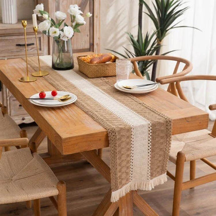 Cotton and Linen Woven Colorblock Tassel Rhombus Table Runner 30x240cm on wooden dining table with neutral decor and tassel edges