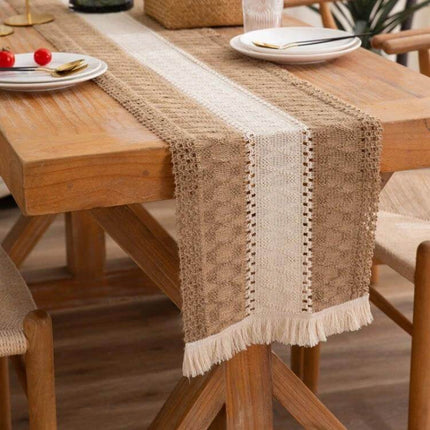 Cotton and Linen Woven Colorblock Tassel Rhombus Table Runner 30x240cm on wooden dining table, cotton and jute weave with tassel edges