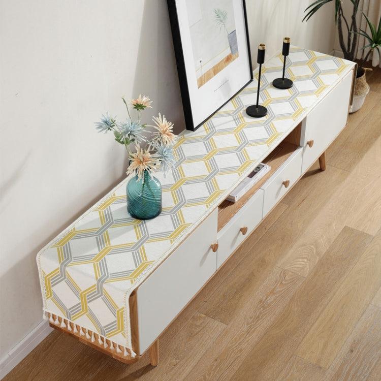 Elegant Chenille Tassel Table Cover for Living Room and Entryway Cabinets Yellow Geometry 35x140cm