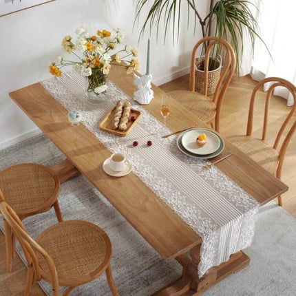 Romantic Lace Table Runner 120cm For Weddings And Dining on wooden dining table with brocade lace, centerpiece and place settings