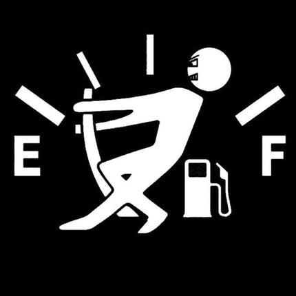 Reflective Hellaflush Vinyl Car Sticker, 12 x 9.5 cm - black decal showing driver pulling fuel gauge to full, reflective vinyl design