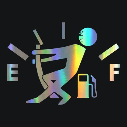 Reflective Hellaflush Vinyl Car Sticker, 12 x 9.5 cm - holographic decal showing stick figure pulling fuel gauge to full, reflective car accessory