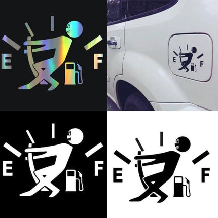 Reflective Hellaflush Vinyl Car Sticker, 12 x 9.5 cm - holographic gas cap decal showing person pulling fuel gauge from E to F, reflective vinyl