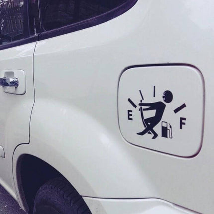 Reflective Hellaflush Vinyl Car Sticker, 12 x 9.5 cm on white car fuel flap showing stick figure design, reflective decal for visibility and scratch concealment