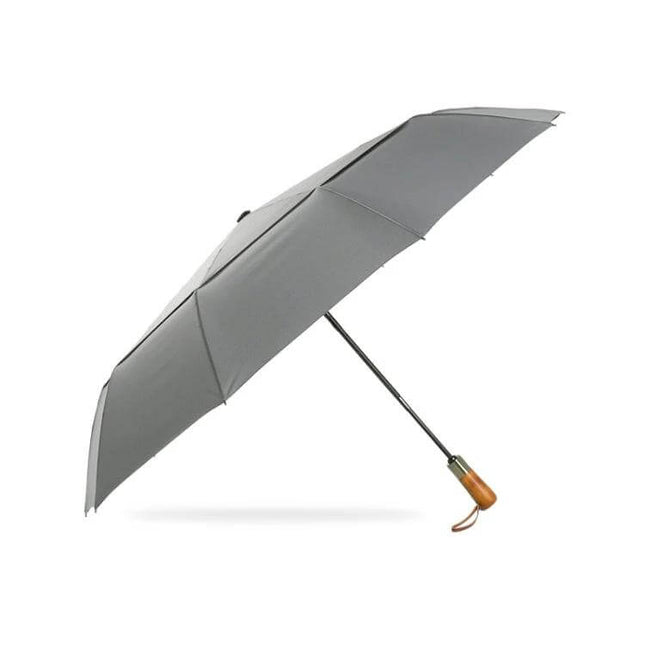 PARACHASE Large Automatic Folding Umbrella with Windproof Design, double-layer windproof gray umbrella with wooden handle and one-button auto open