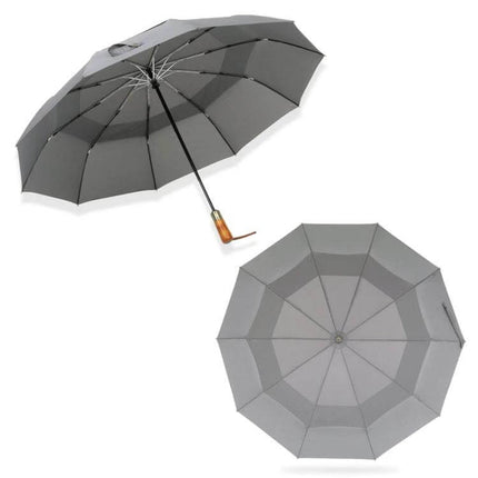 PARACHASE Large Automatic Folding Umbrella with Windproof Design - gray double-layer windproof umbrella, one-button open/close, wooden handle