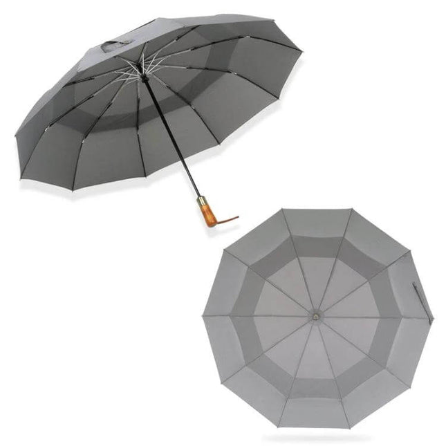 PARACHASE Large Automatic Folding Umbrella with Windproof Design - gray double-layer windproof umbrella, one-button open/close, wooden handle