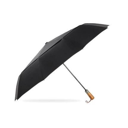 PARACHASE Large Automatic Folding Umbrella with Windproof Design – black double-layer canopy, one-button open/close, sturdy windproof frame, wooden handle